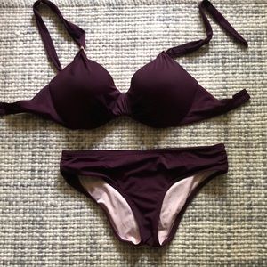 2 piece purple Victoria’s Secret bathing suit — top is 34DD, bottom is M
